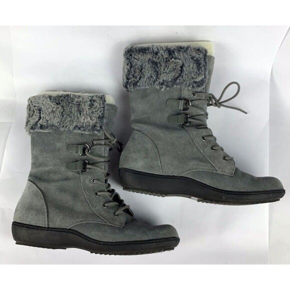 Aerosoles Mid Calf Boots Womens 7.5 Gray Suede Pinelands Y2K Wedge Faux Fur - Picture 2 of 9